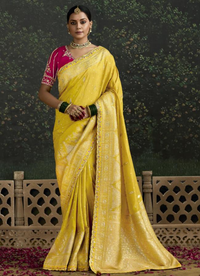 Dola Silk Yellow Wedding Wear Embroidery Work Saree